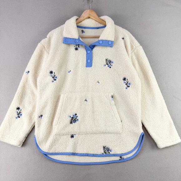 Dreamers Tops - Dreamers Floral Sherpa Fleece Pullover Women Small Cream Blue Snap Neck